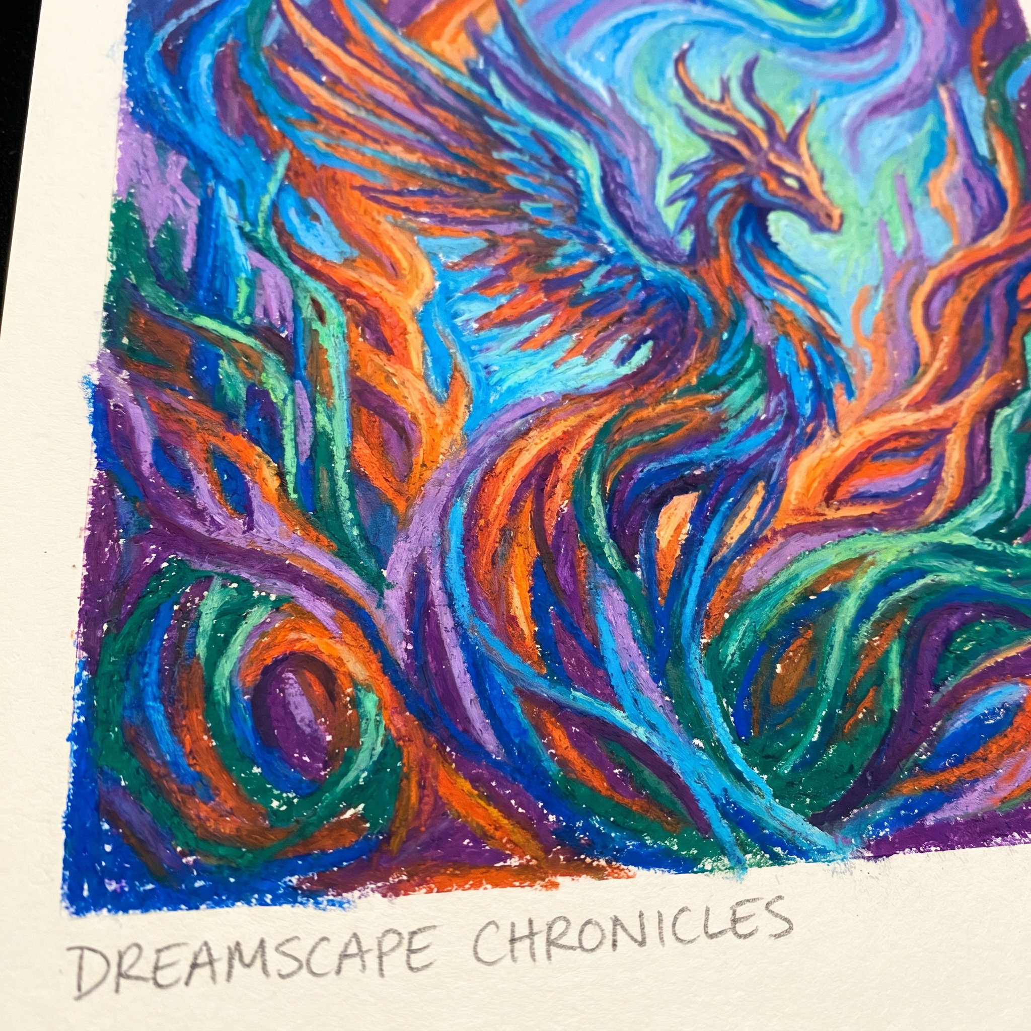 Modern wax pastel artwork showcasing vibrant color blending, textured strokes, and contemporary fantasy-style illustration on paper.