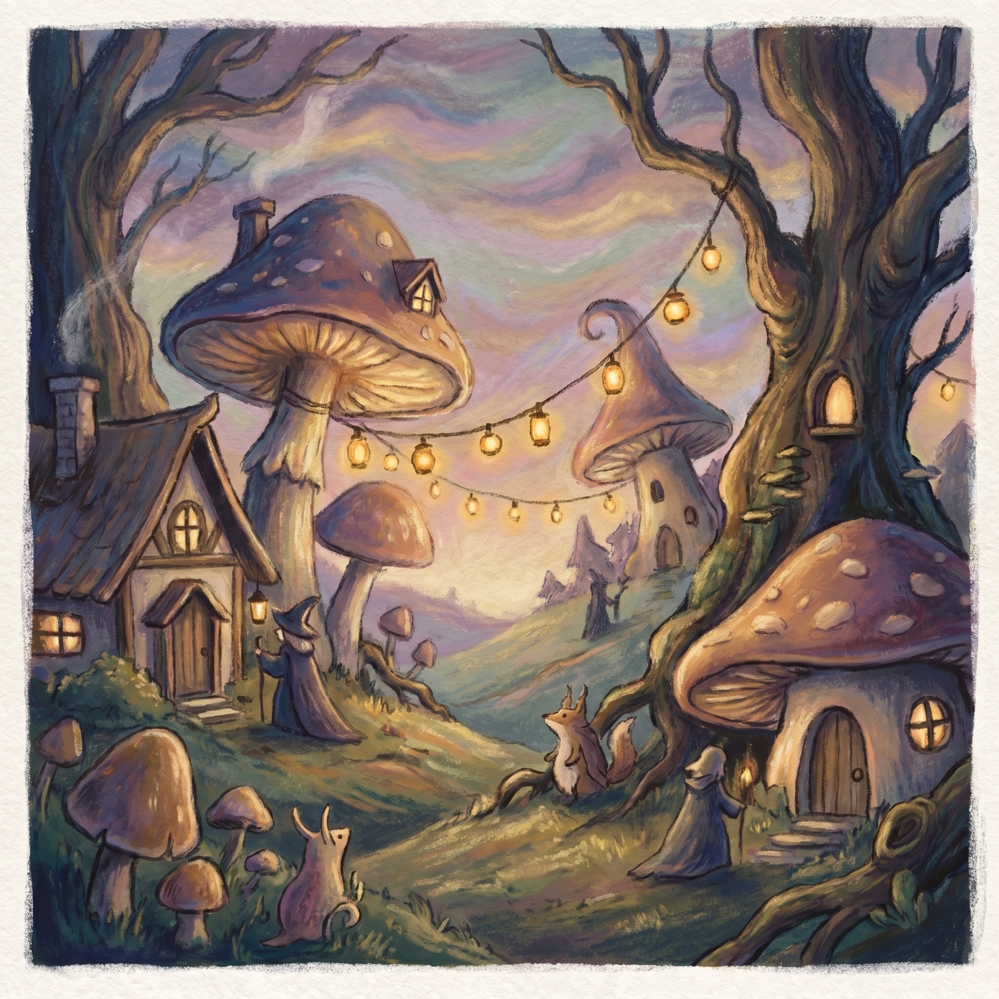 Cozy fantasy wax pastel artwork featuring glowing lights, soft blended colors, dreamy landscapes, and imaginative artistic scenes.