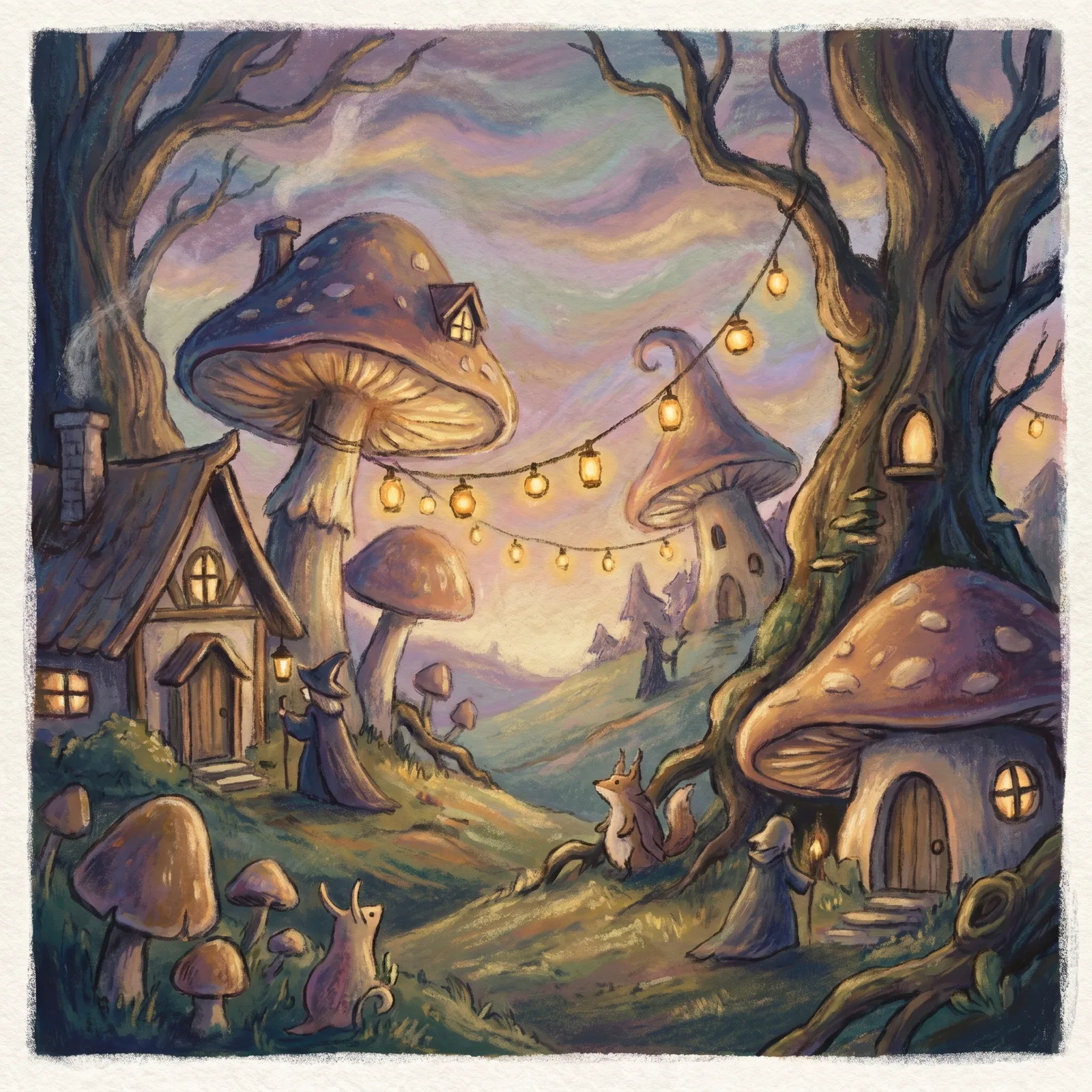 Cozy fantasy wax pastel artwork featuring glowing lights, soft blended colors, dreamy landscapes, and imaginative artistic scenes.