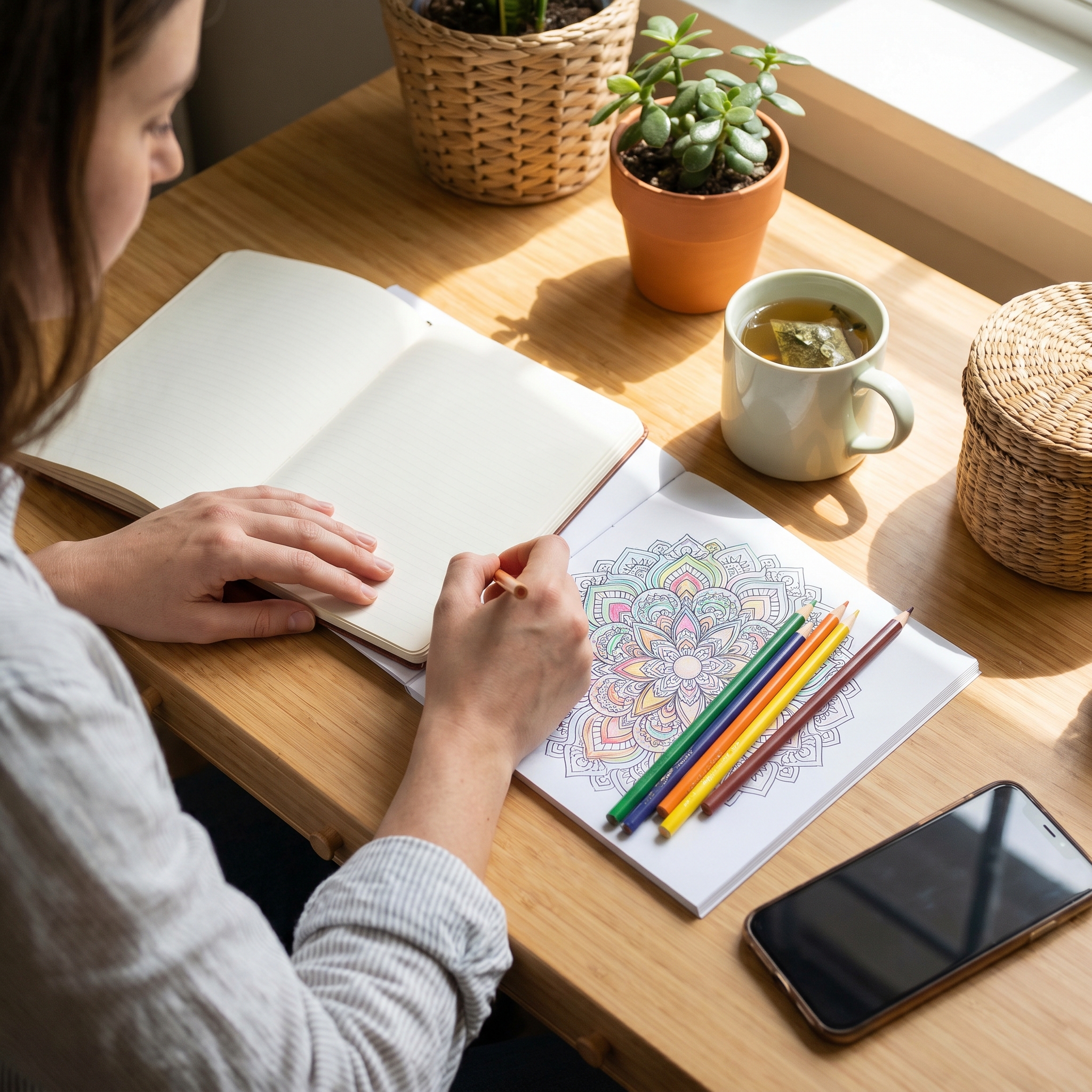 Person replacing phone scrolling with journaling and coloring on a calm aesthetic desk