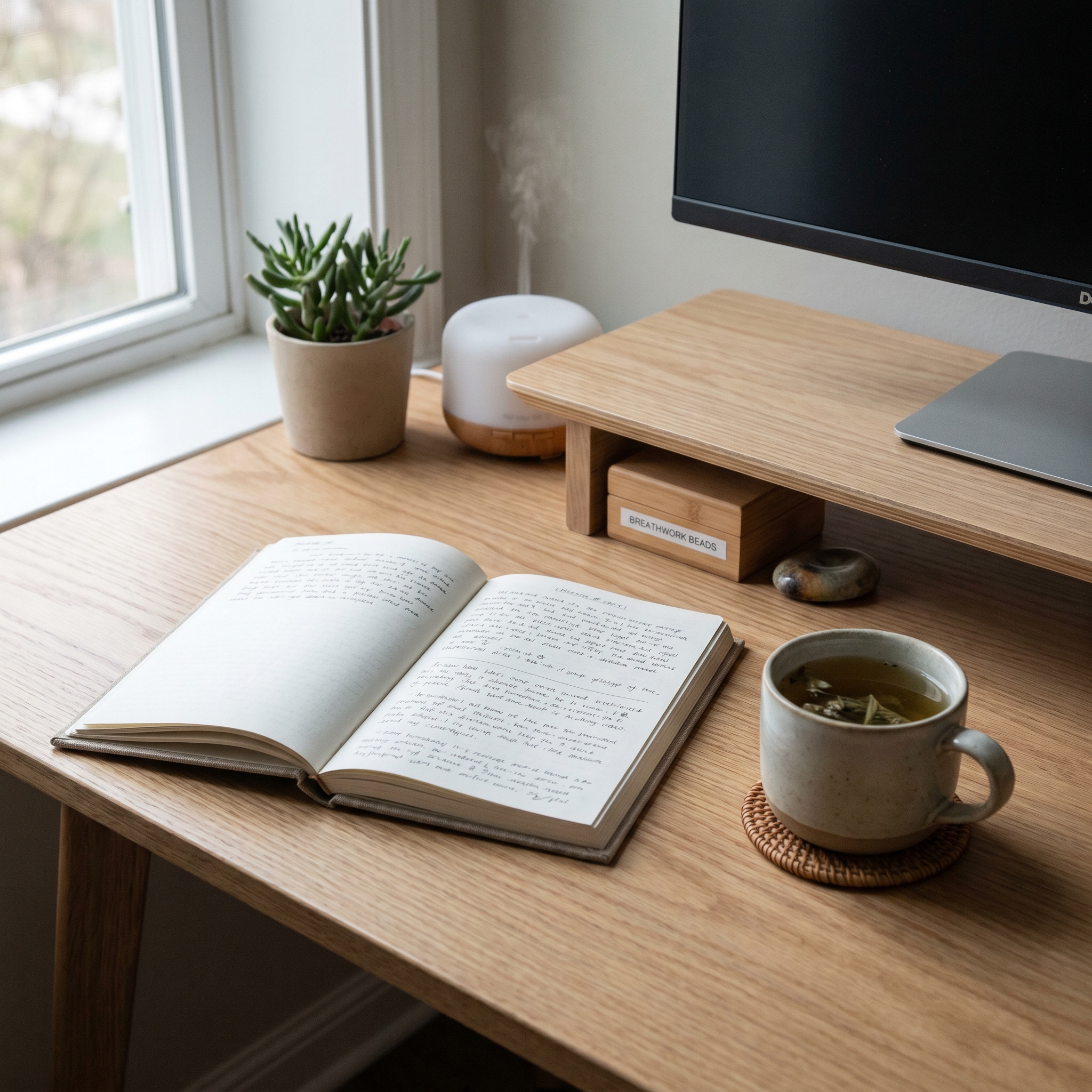 Calm desk setup with journal and tea representing hidden stress relief and nervous system calm
