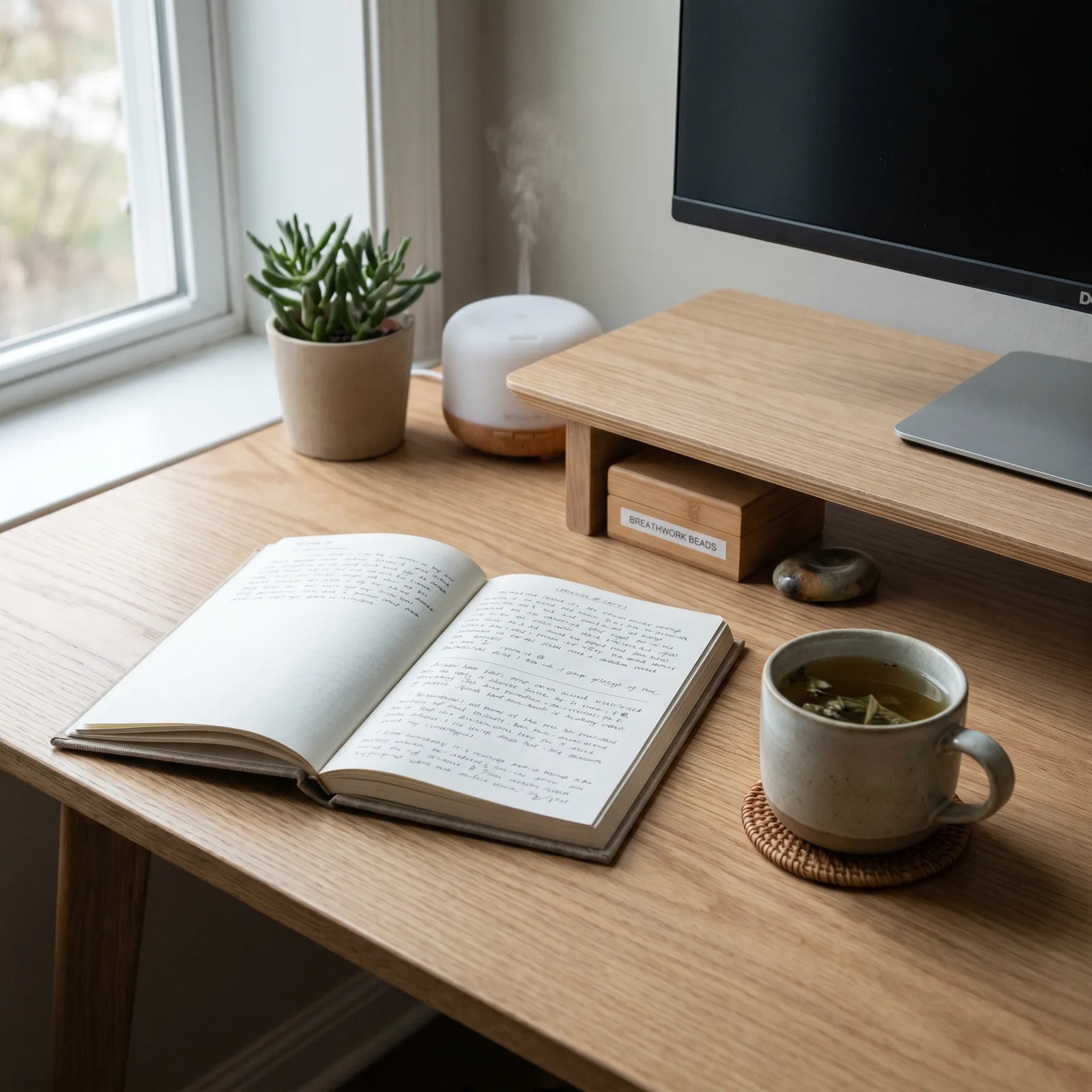 Calm desk setup with journal and tea representing hidden stress relief and nervous system calm