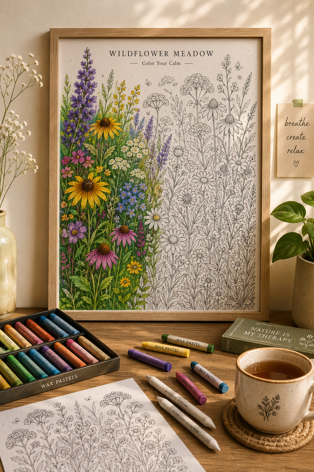 Partially colored printable botanical wildflower meadow poster hanging on a wall, with wax pastels and art supplies on a desk below, showcasing how adults can turn walls into custom art.