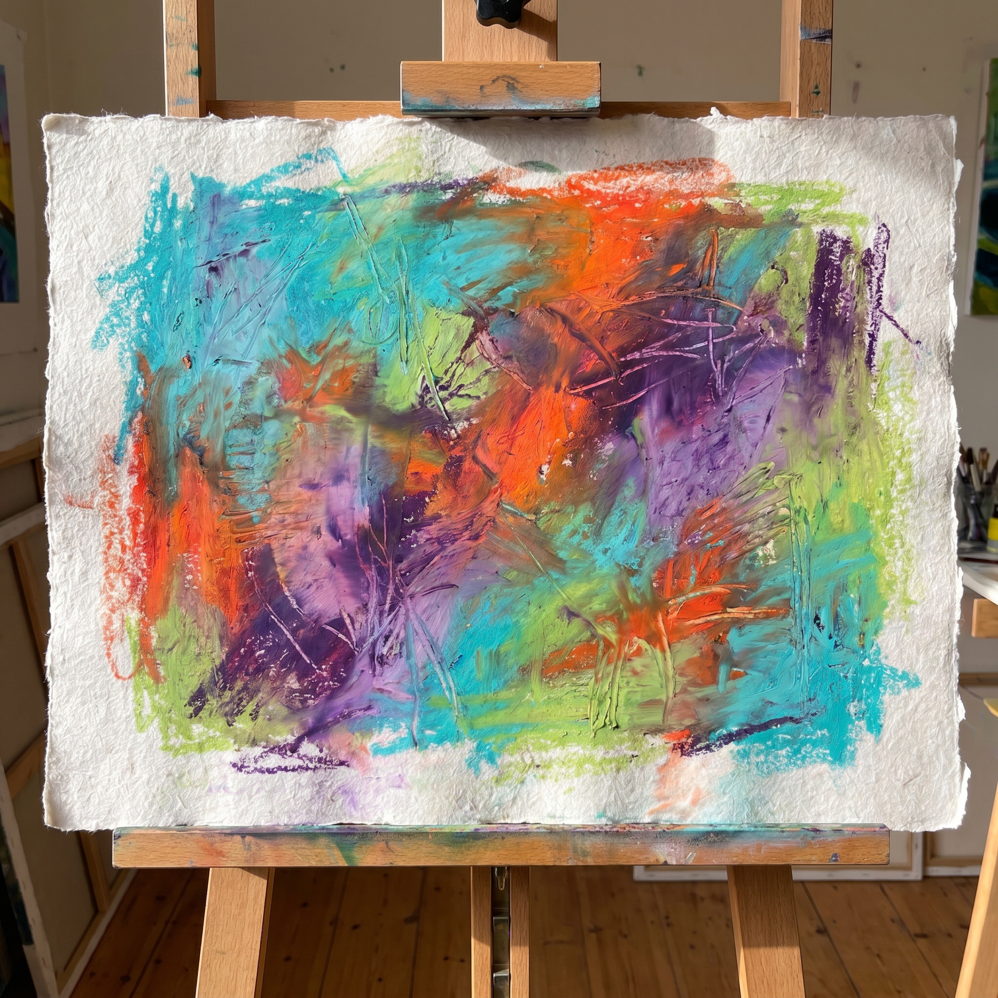Contemporary wax pastel artwork featuring modern blending techniques, vibrant colors, and experimental artistic styles on textured paper.