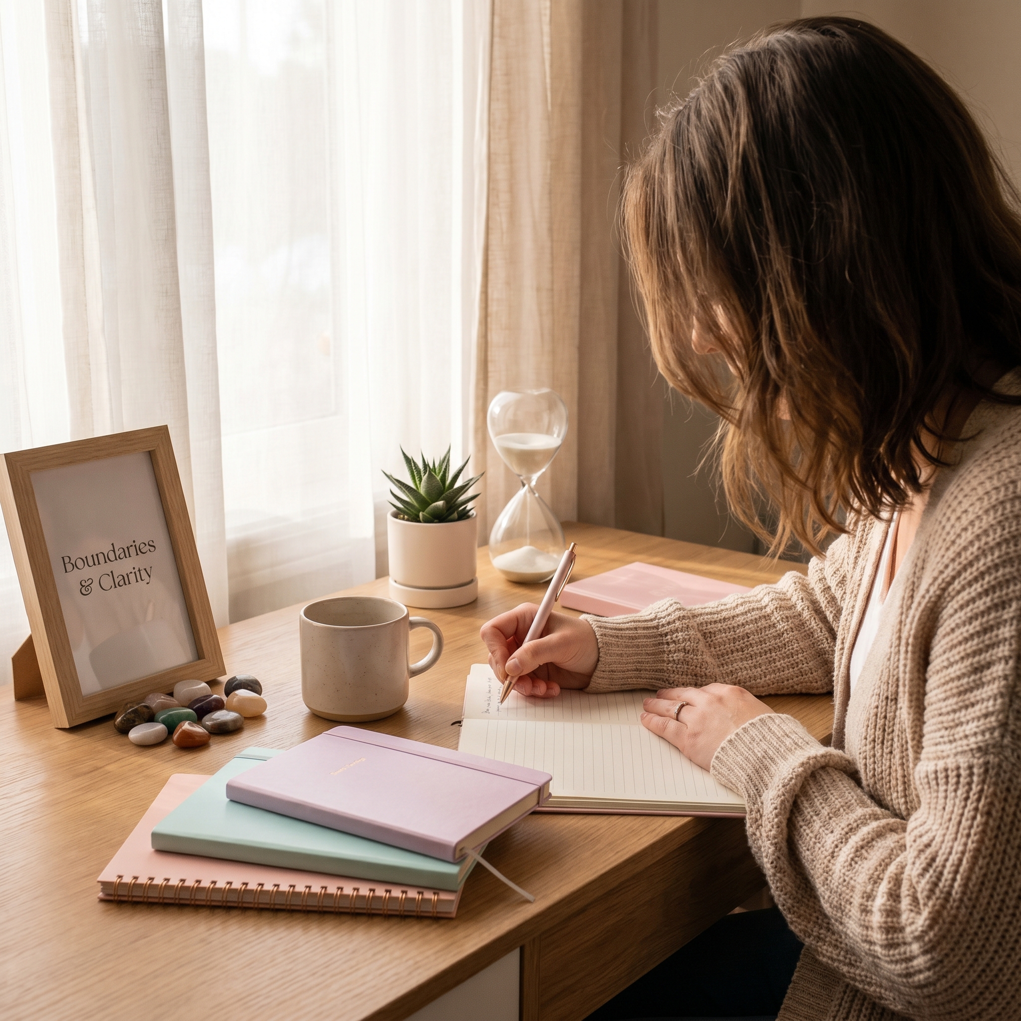 A calm person journaling with soft aesthetic desk setup representing emotional boundaries and mental clarity