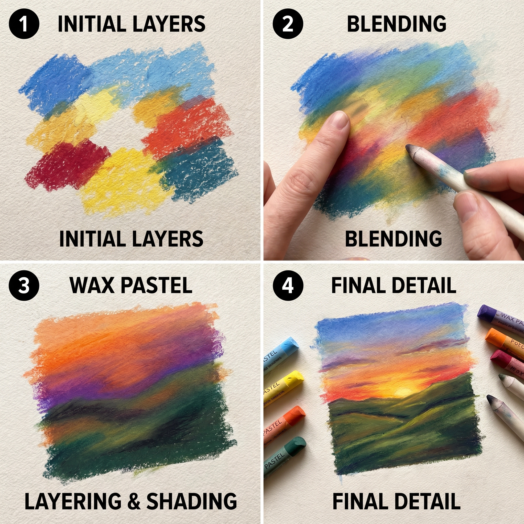 Step-by-step wax pastel drawing showing blending techniques, layered colors, and smooth shading on textured paper.
