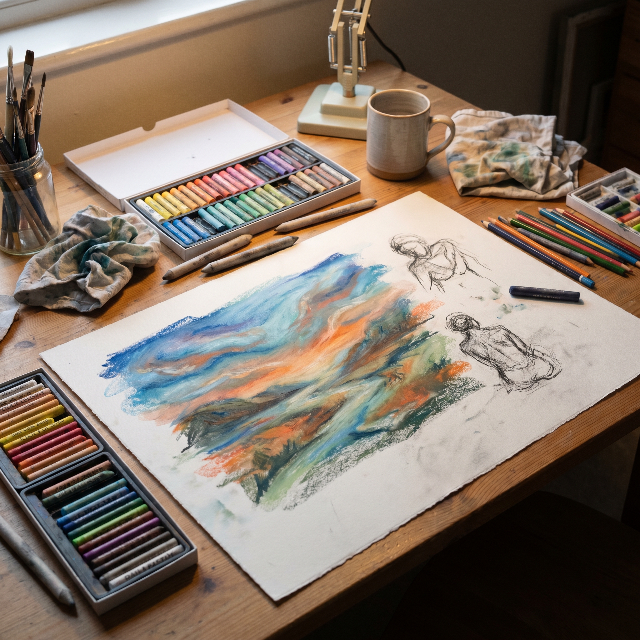 Colorful wax pastel artwork with blended textures, artistic sketches, and creative drawing supplies arranged on a cozy art desk.