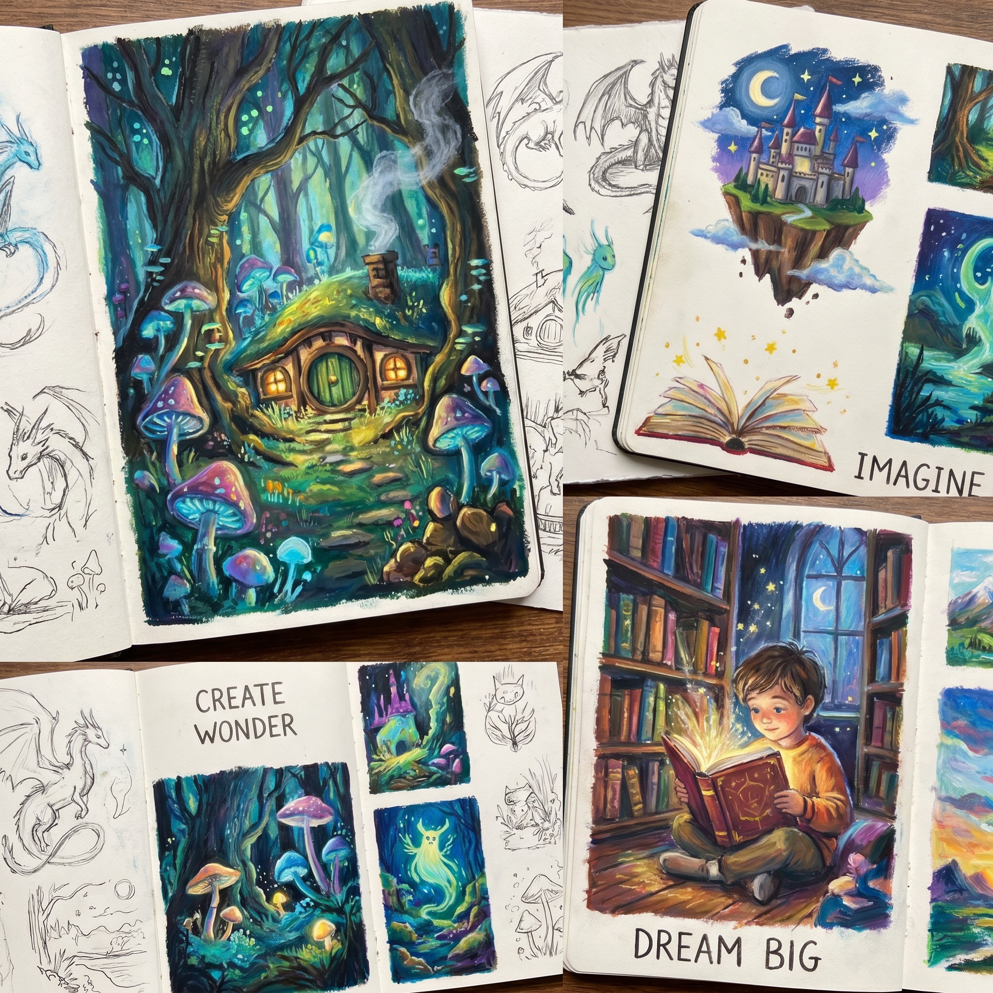 Inspirational wax pastel artwork featuring fantasy scenes, cozy landscapes, glowing colors, and imaginative creative sketches.