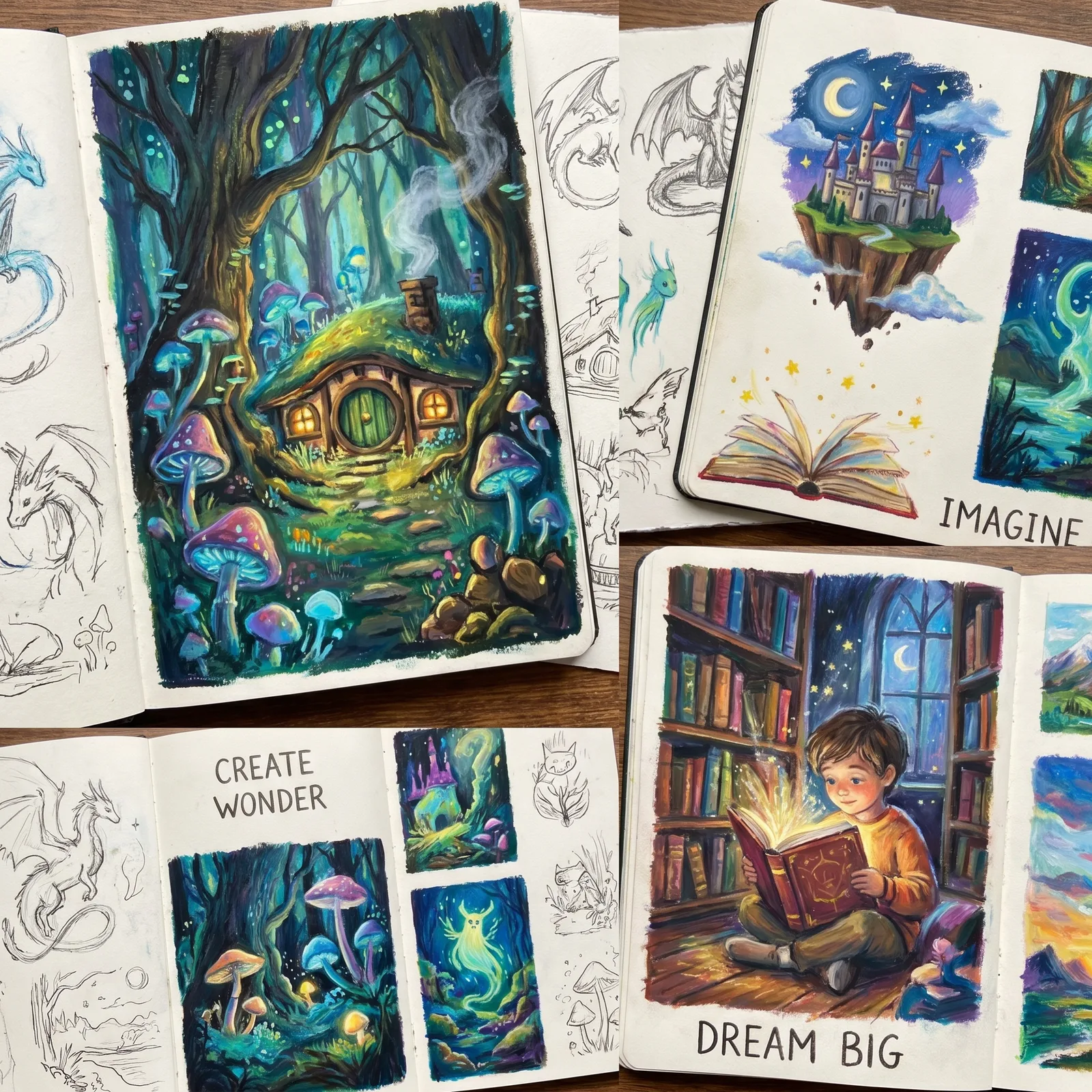 Inspirational wax pastel artwork featuring fantasy scenes, cozy landscapes, glowing colors, and imaginative creative sketches.