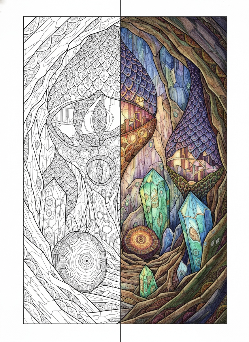 Glowing crystal cave poster with sparkling geodes in a dreamy wax pastel style