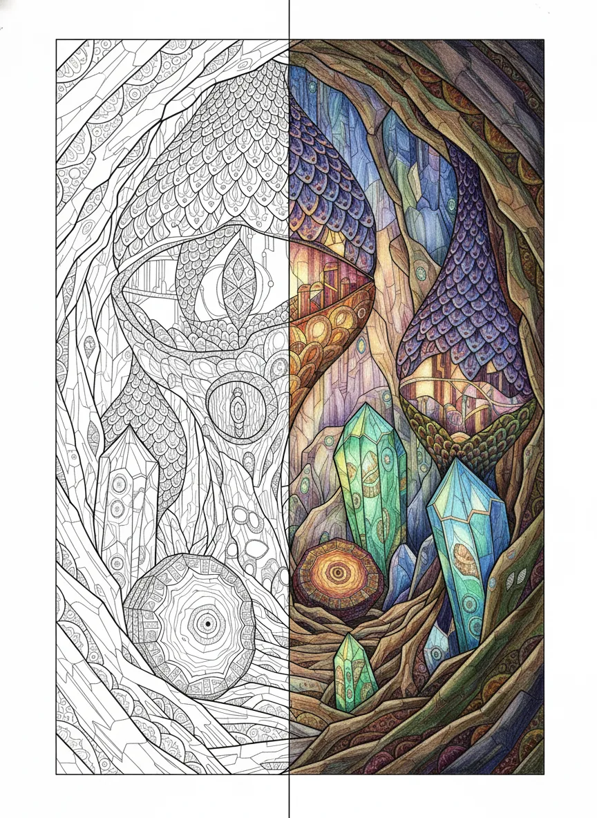 Glowing crystal cave poster with sparkling geodes in a dreamy wax pastel style