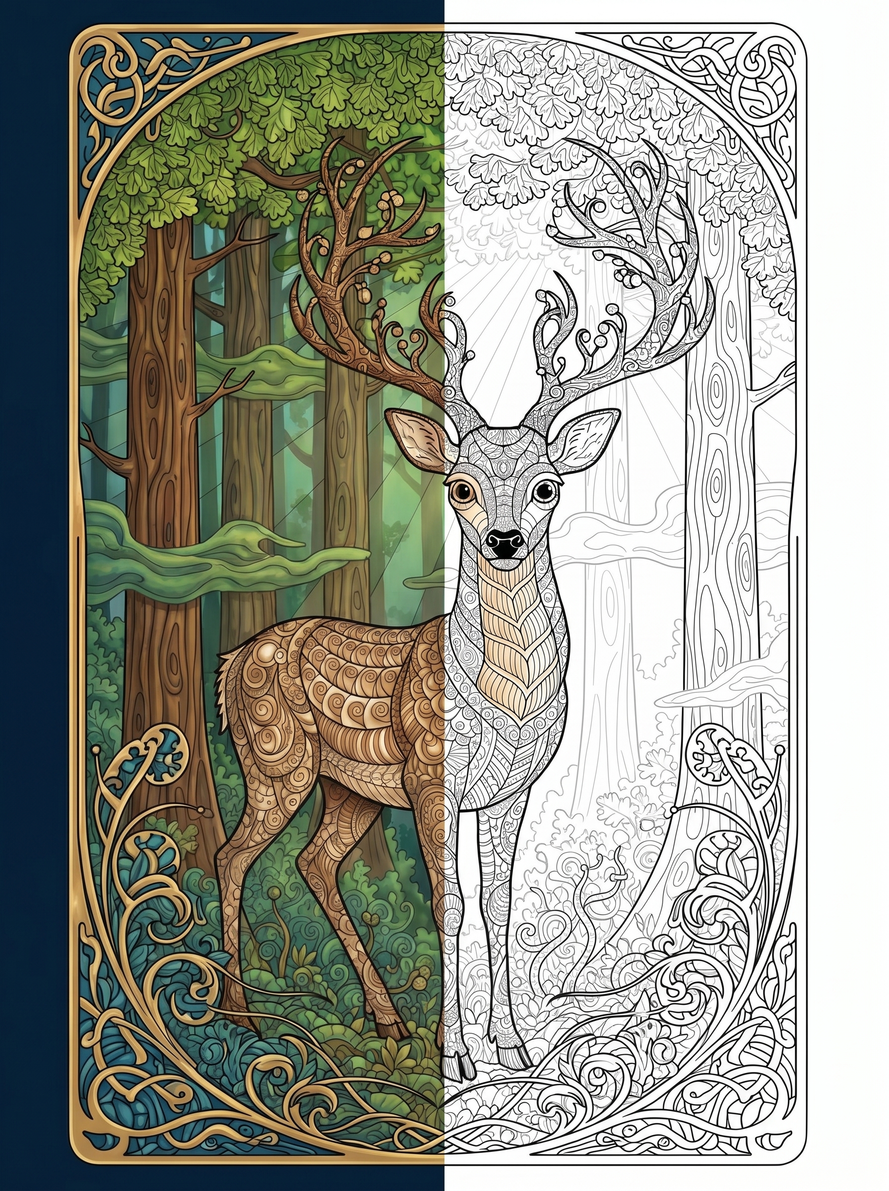 Serene Forest Deer Morning Mist Coloring Poster