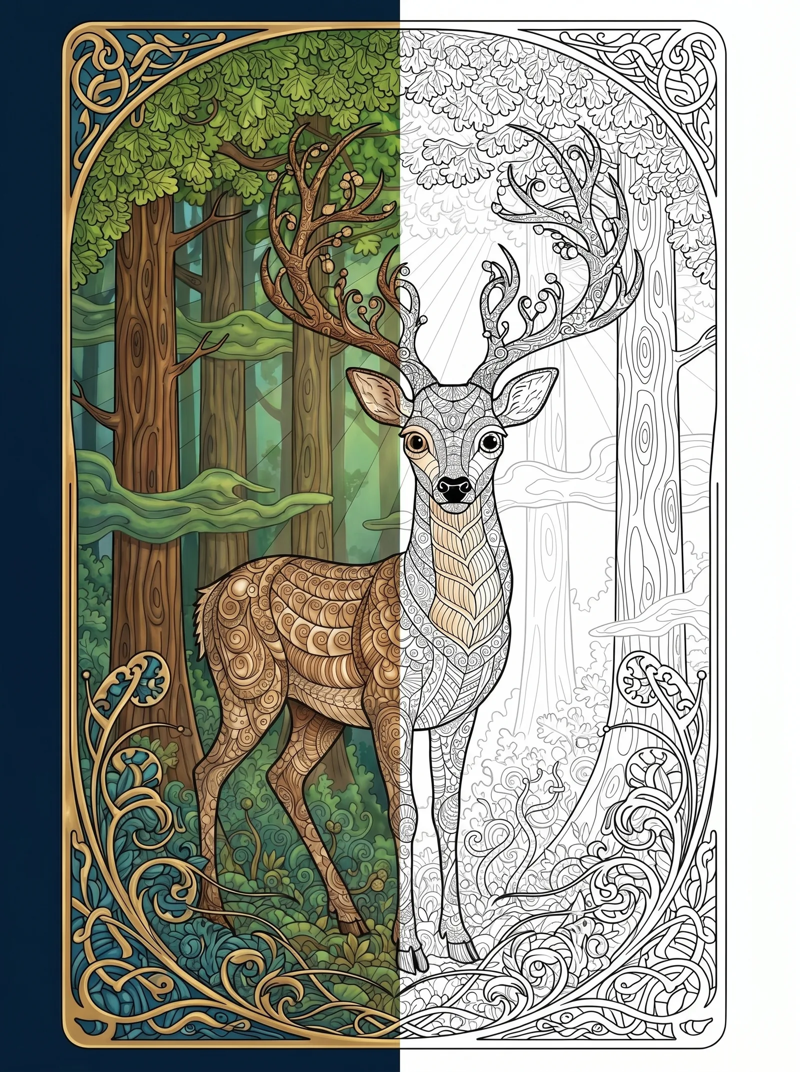 Serene Forest Deer Morning Mist Coloring Poster