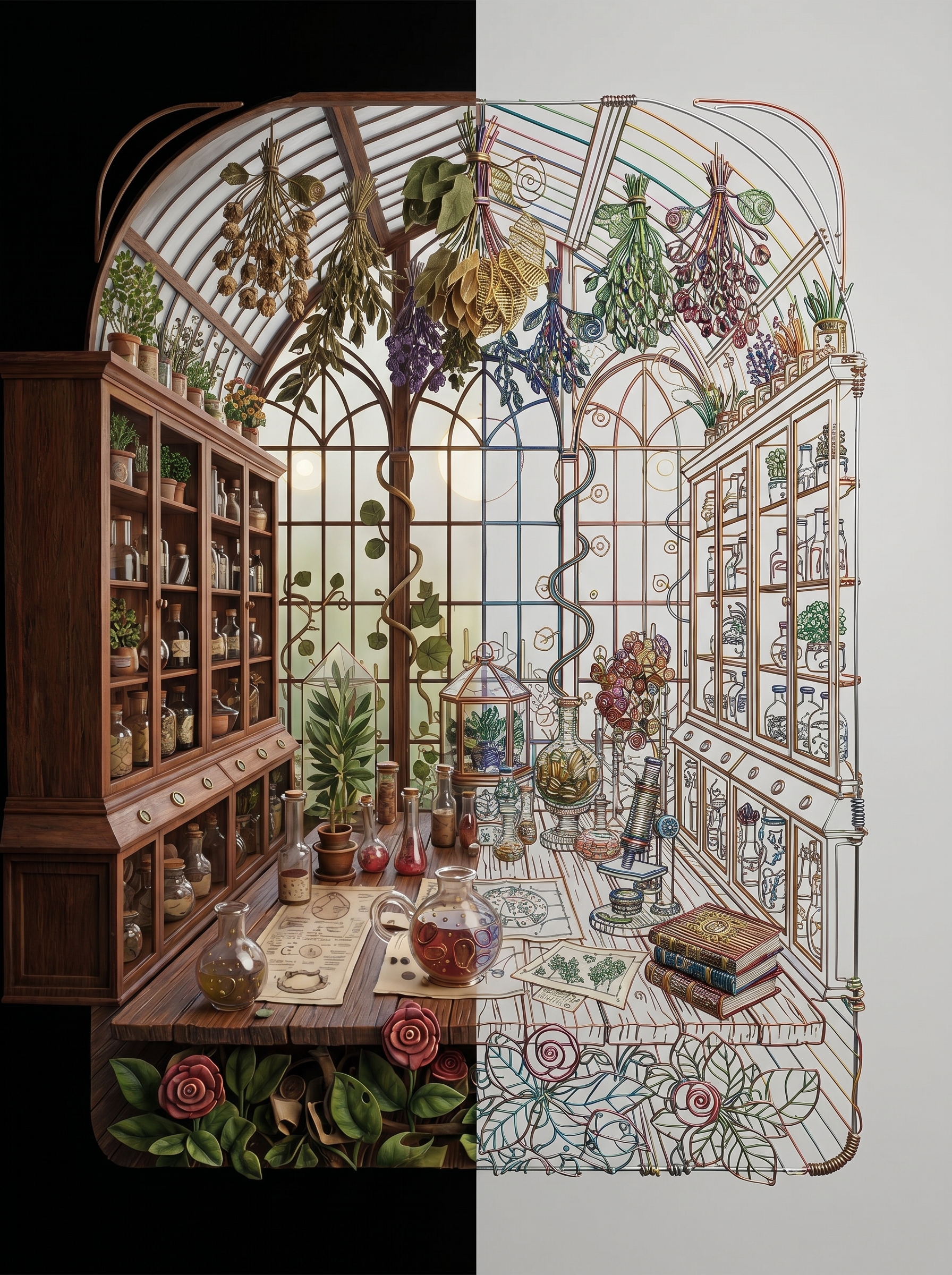 Detailed line art of an enchanted botanical laboratory at night with glowing plants, glass jars, herbs, books, and scientific tools in a fantasy style