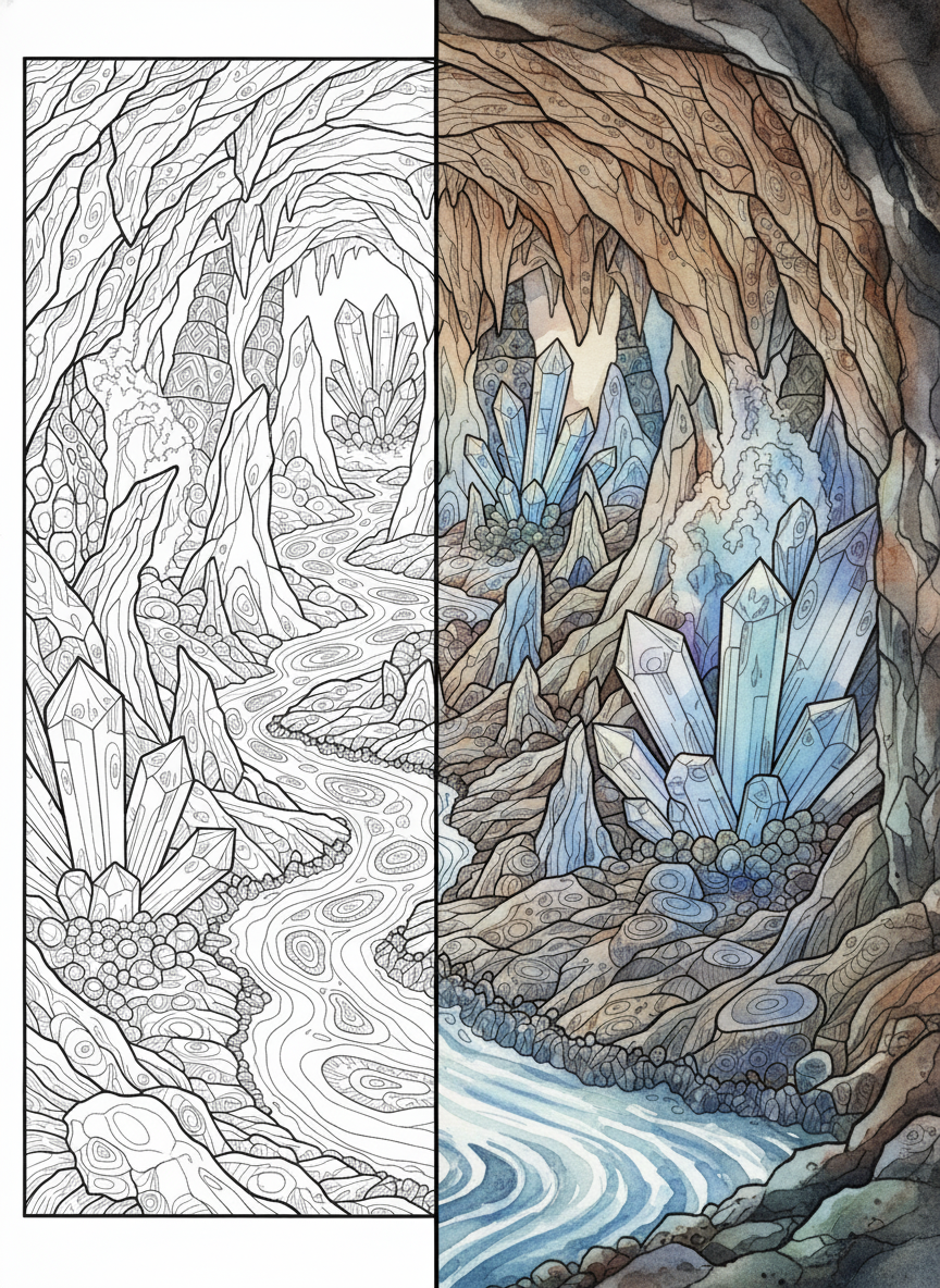 Underground volcanic cave with lava flows and large glowing crystals in a detailed fantasy styled
