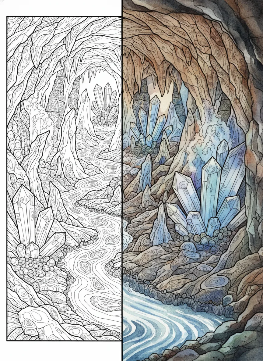 Underground volcanic cave with lava flows and large glowing crystals in a detailed fantasy styled