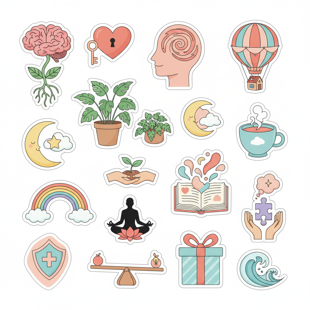 A collection of 10 pages of hand-drawn mental health stickers featuring mindfulness, emotions, self-care, and nature-inspired illustrations.