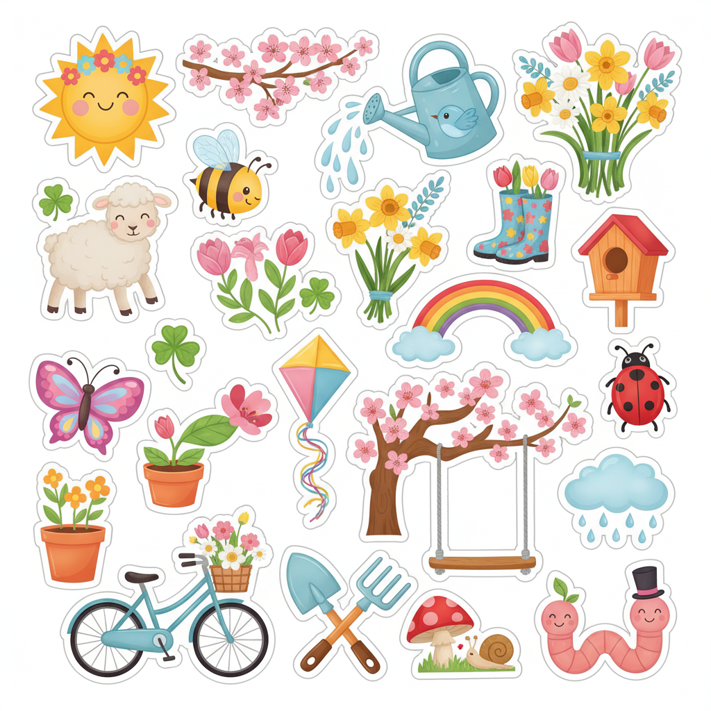 A colorful spring clipart and sticker bundle featuring flowers, gardening tools, rainbows, weather elements, butterflies, bees, ladybugs, bunnies, chicks, birds, kites, picnic items, and seasonal decorative graphics for journals, planners, scrapbooks, crafts, printables, and creative projects.