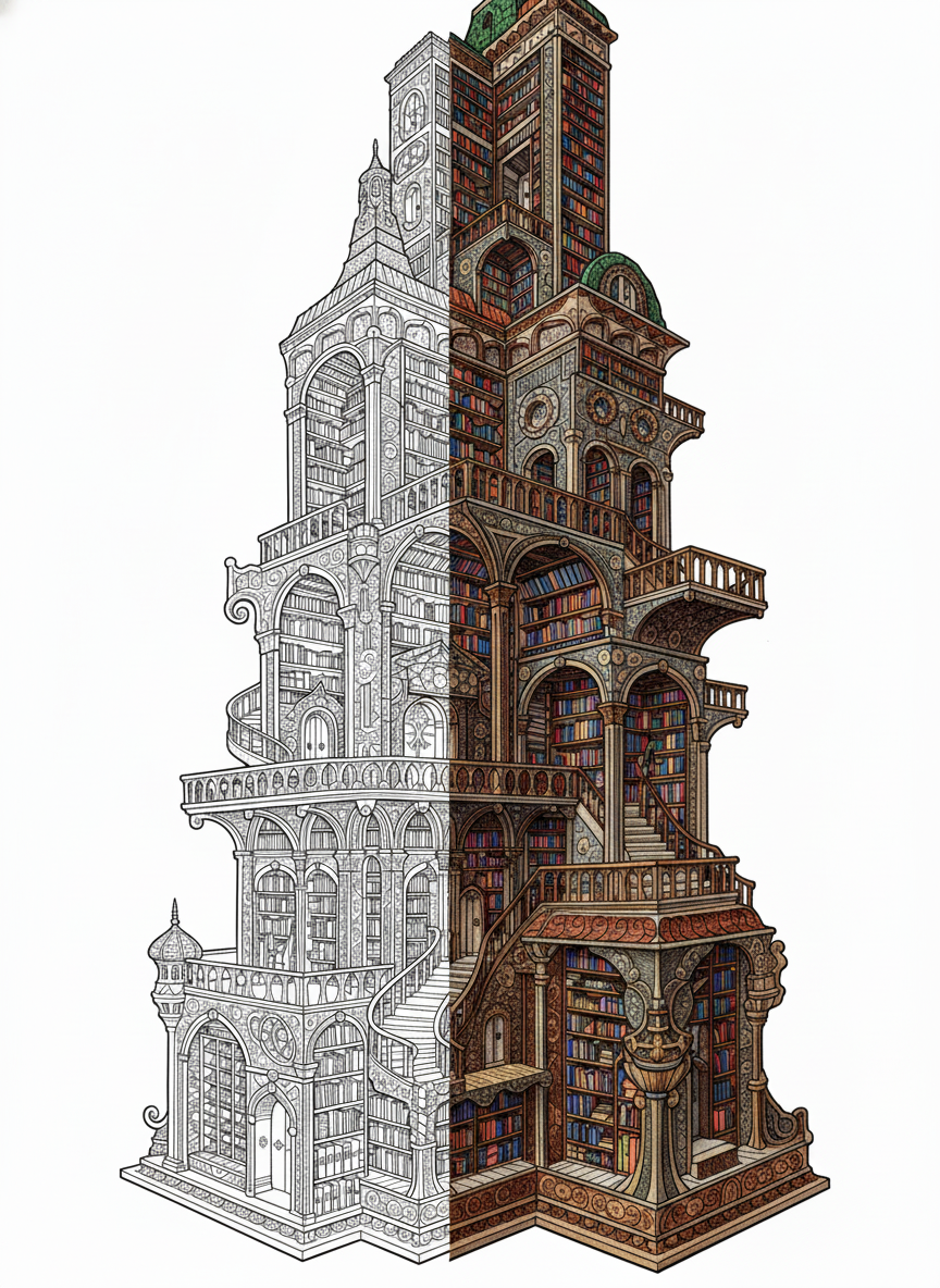 Massive labyrinth-style library with endless bookshelves, staircases, and hidden passages in a detailed fantasy setting