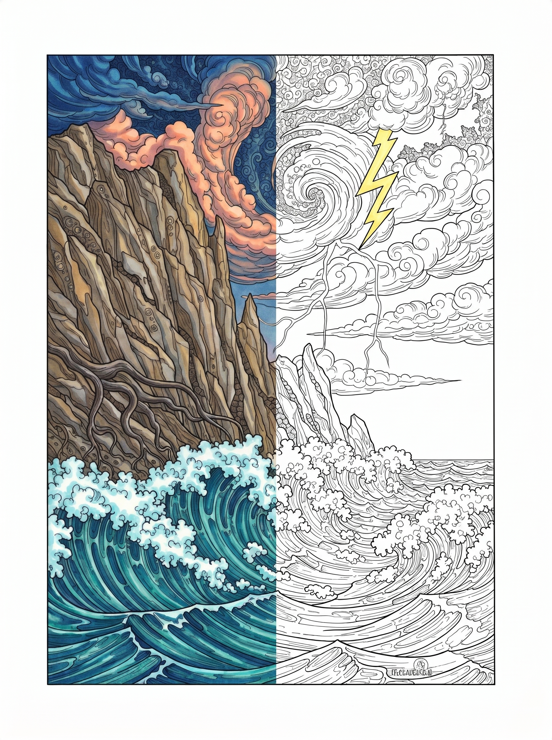 Dramatic ocean cliff scene line art poster featuring crashing waves, rocky coastline, and stormy sky for adult coloring.