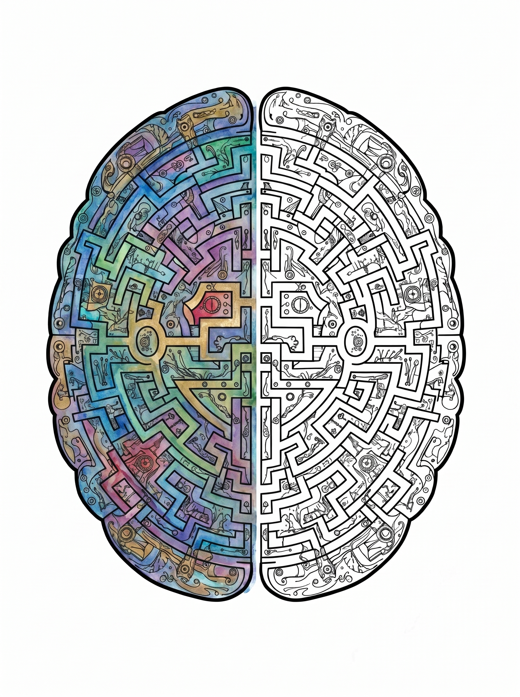 Brain-shaped maze line art poster with intricate labyrinth pathways designed for adult coloring and mindfulness.