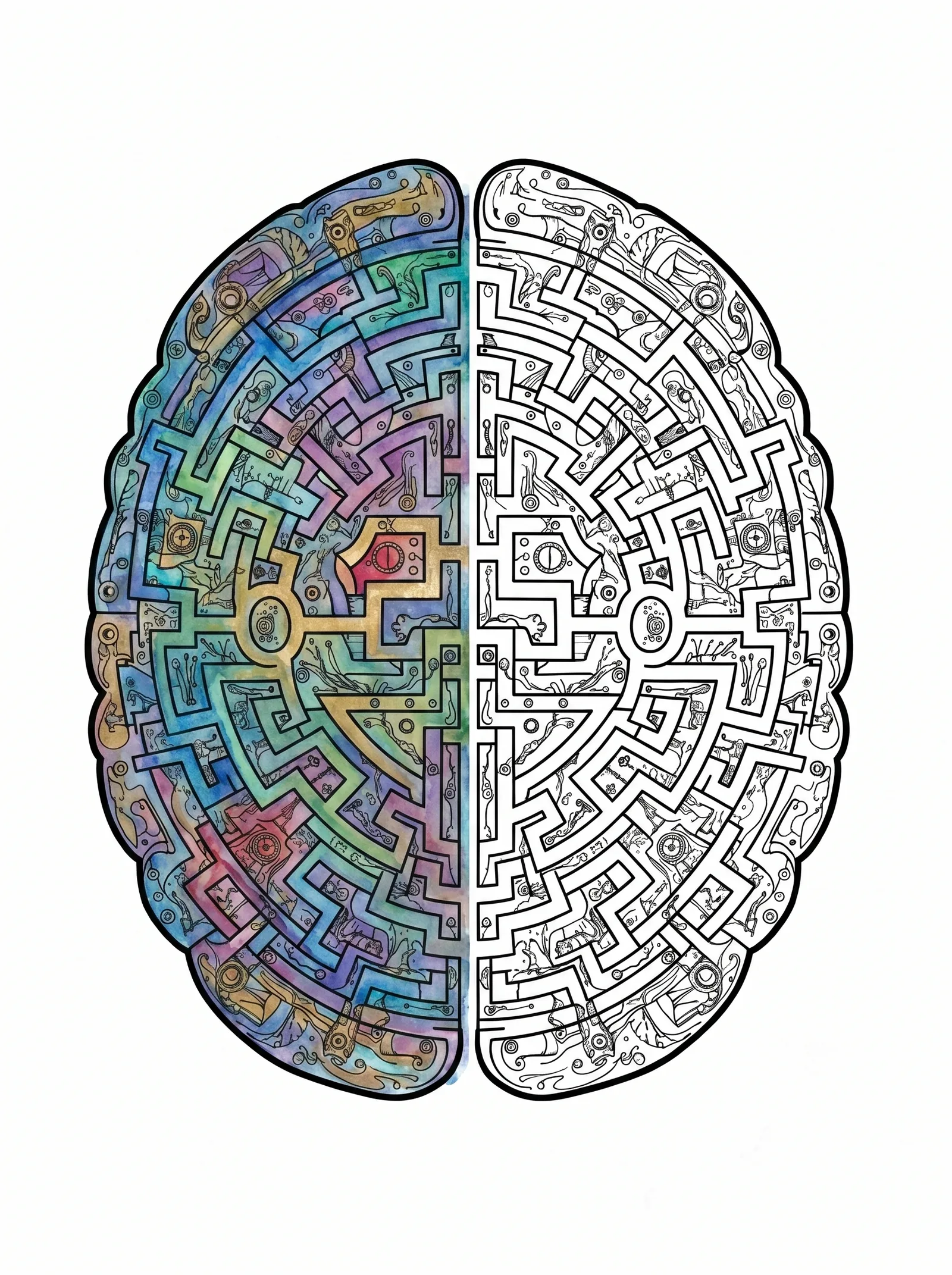 Brain-shaped maze line art poster with intricate labyrinth pathways designed for adult coloring and mindfulness.