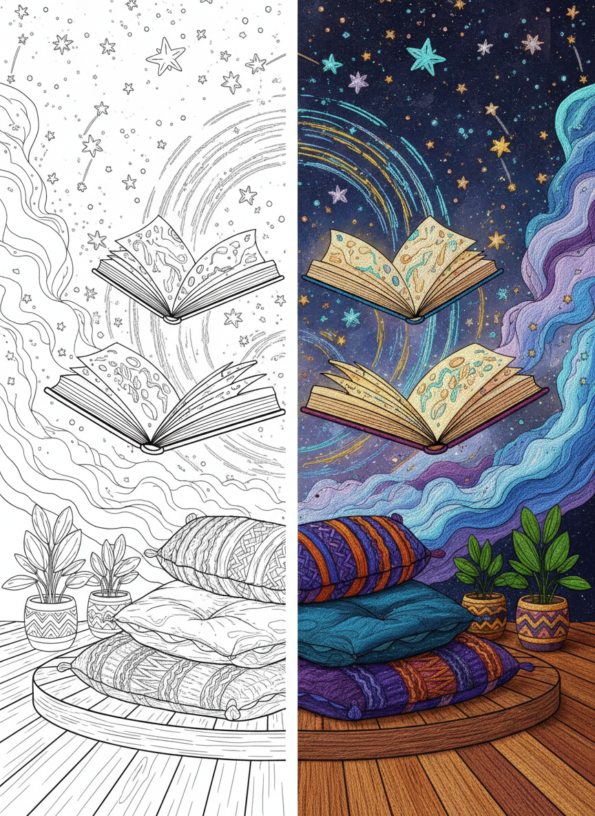 Black and white printable coloring page showing a cozy cosmic reading nook with floating books, glowing stars, soft pillows, plants, and a magical night sky atmosphere in detailed line art.