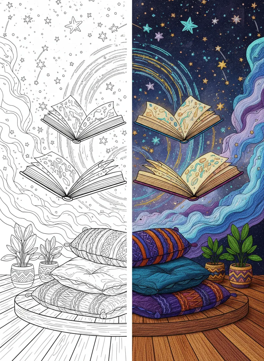 Black and white printable coloring page showing a cozy cosmic reading nook with floating books, glowing stars, soft pillows, plants, and a magical night sky atmosphere in detailed line art.