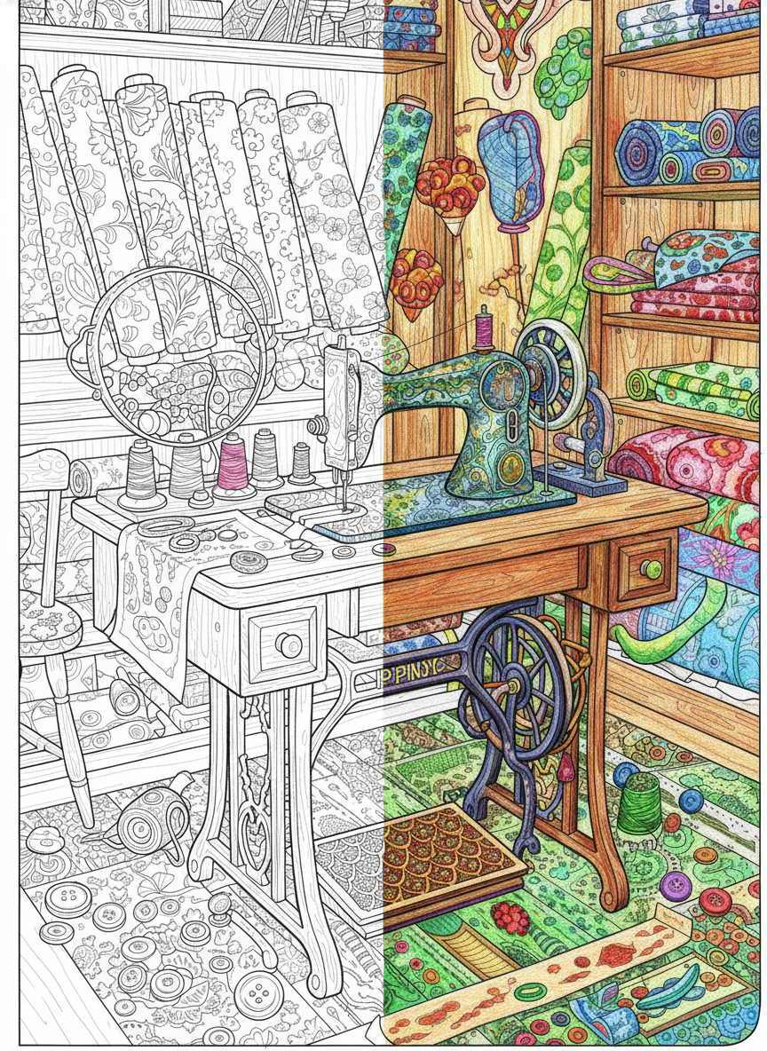 Vintage sewing workshop poster with tools and fabrics in a cozy wax pastel style