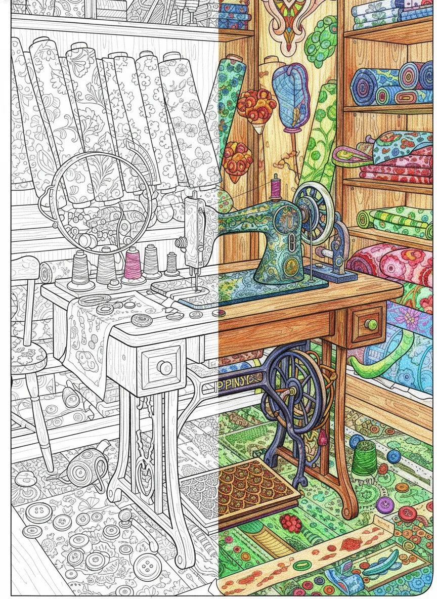 Vintage sewing workshop poster with tools and fabrics in a cozy wax pastel style