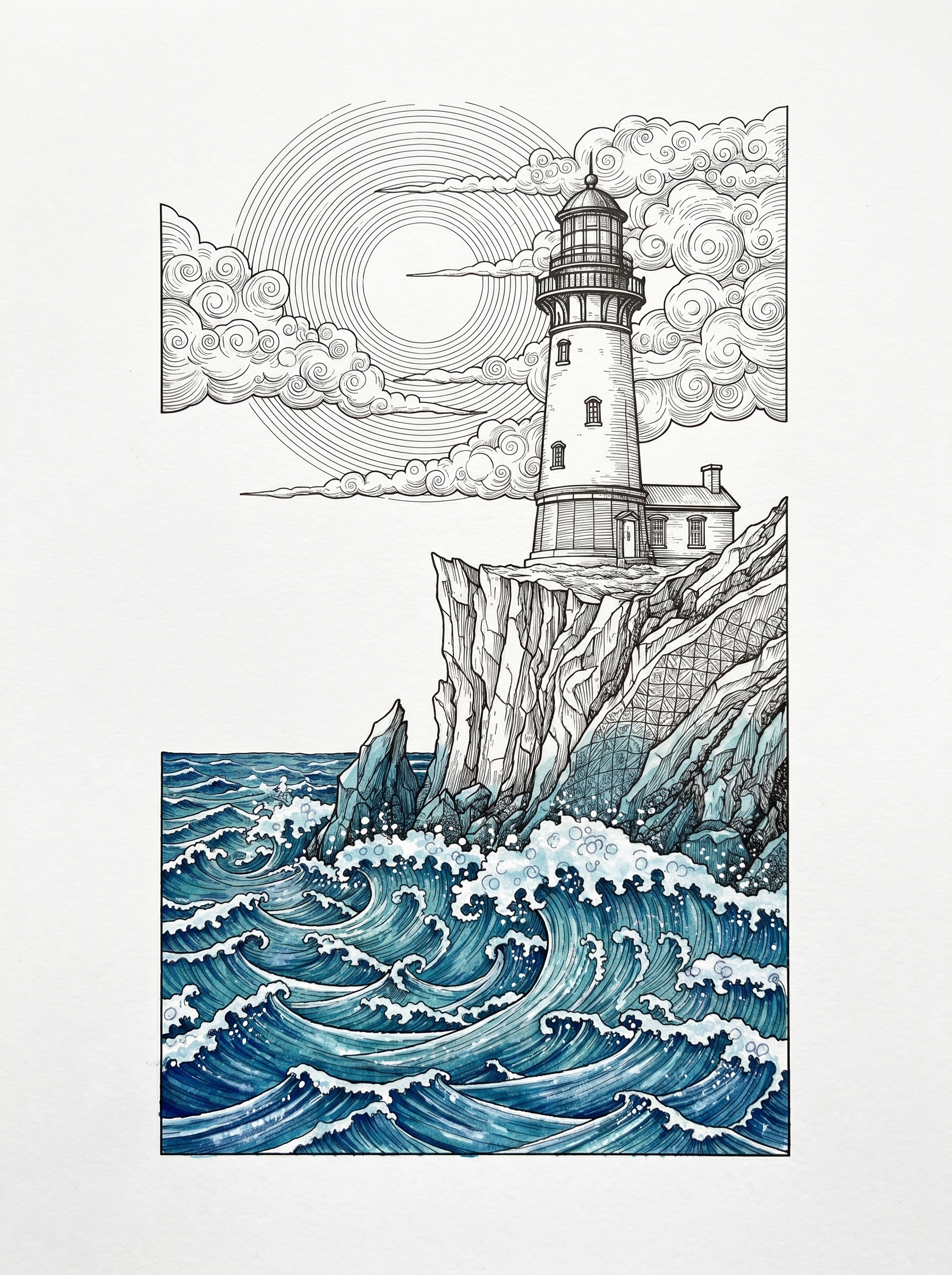 Lighthouse on a stormy coastal cliff under moonlight with crashing waves and dramatic clouds in detailed line art for adult coloring.