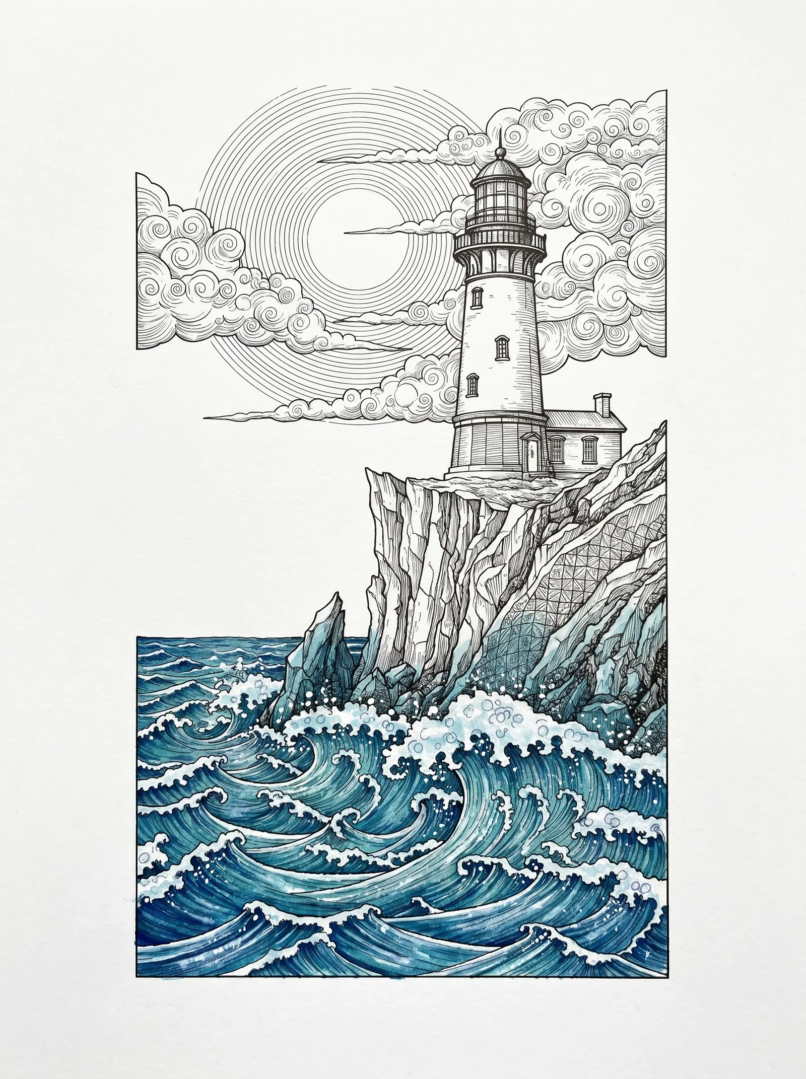 Lighthouse on a stormy coastal cliff under moonlight with crashing waves and dramatic clouds in detailed line art for adult coloring.