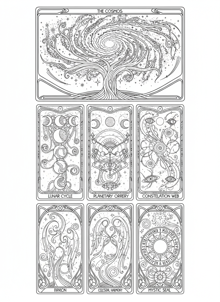 Set of cosmic tarot cards with stars, moons, planets, and mystical symbolic designs in detailed fantasy line art