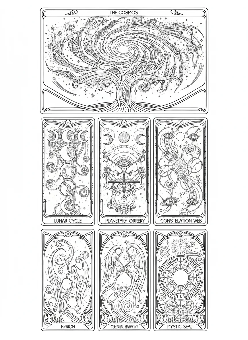Set of cosmic tarot cards with stars, moons, planets, and mystical symbolic designs in detailed fantasy line art