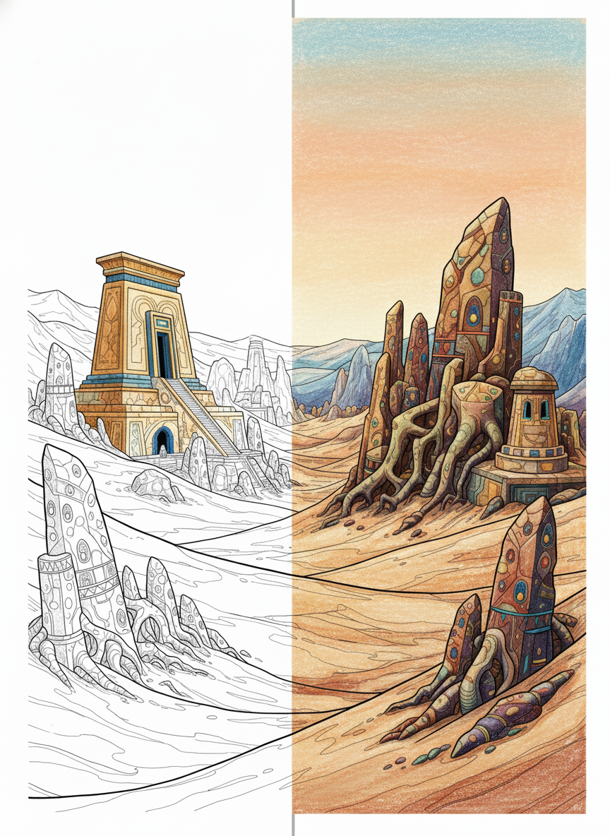 Black and white printable coloring page showing a mystical desert oasis city with ancient ruins, large crystal formations, sand dunes, and fantasy architecture in detailed line art style.