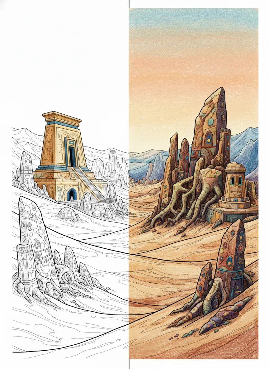 Black and white printable coloring page showing a mystical desert oasis city with ancient ruins, large crystal formations, sand dunes, and fantasy architecture in detailed line art style.