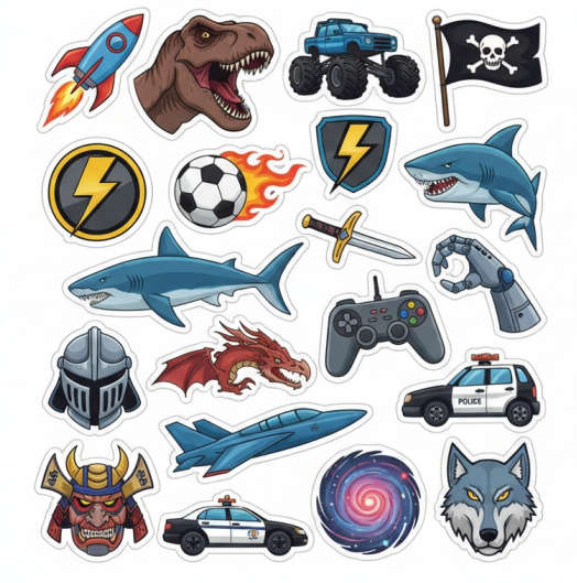 Single-page boys sticker sheet featuring cool themed icons such as cars, sports elements, gaming symbols, and bold decorative illustrations.