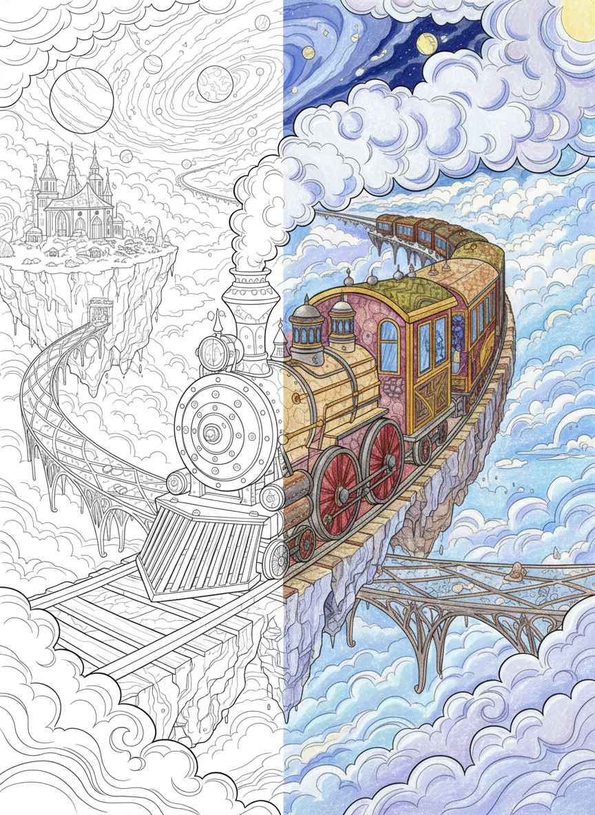 Black and white printable coloring page showing a floating sky train moving through clouds, suspended bridges, floating islands, and fantasy sky landscapes in detailed line art.
