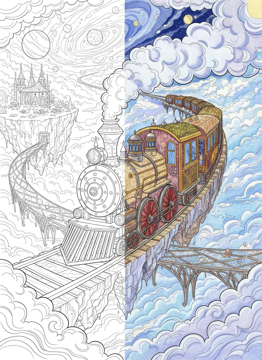 Black and white printable coloring page showing a floating sky train moving through clouds, suspended bridges, floating islands, and fantasy sky landscapes in detailed line art.