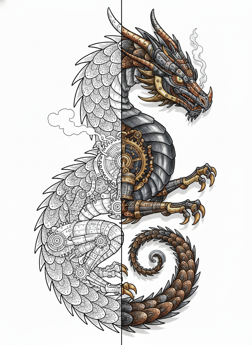 Steampunk mechanical dragon made of gears, armor plates, and clockwork parts in detailed fantasy style