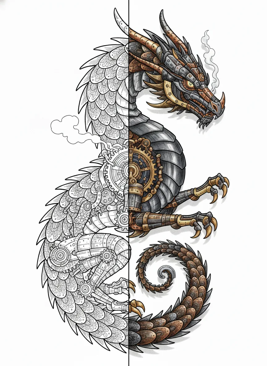 Steampunk mechanical dragon made of gears, armor plates, and clockwork parts in detailed fantasy style