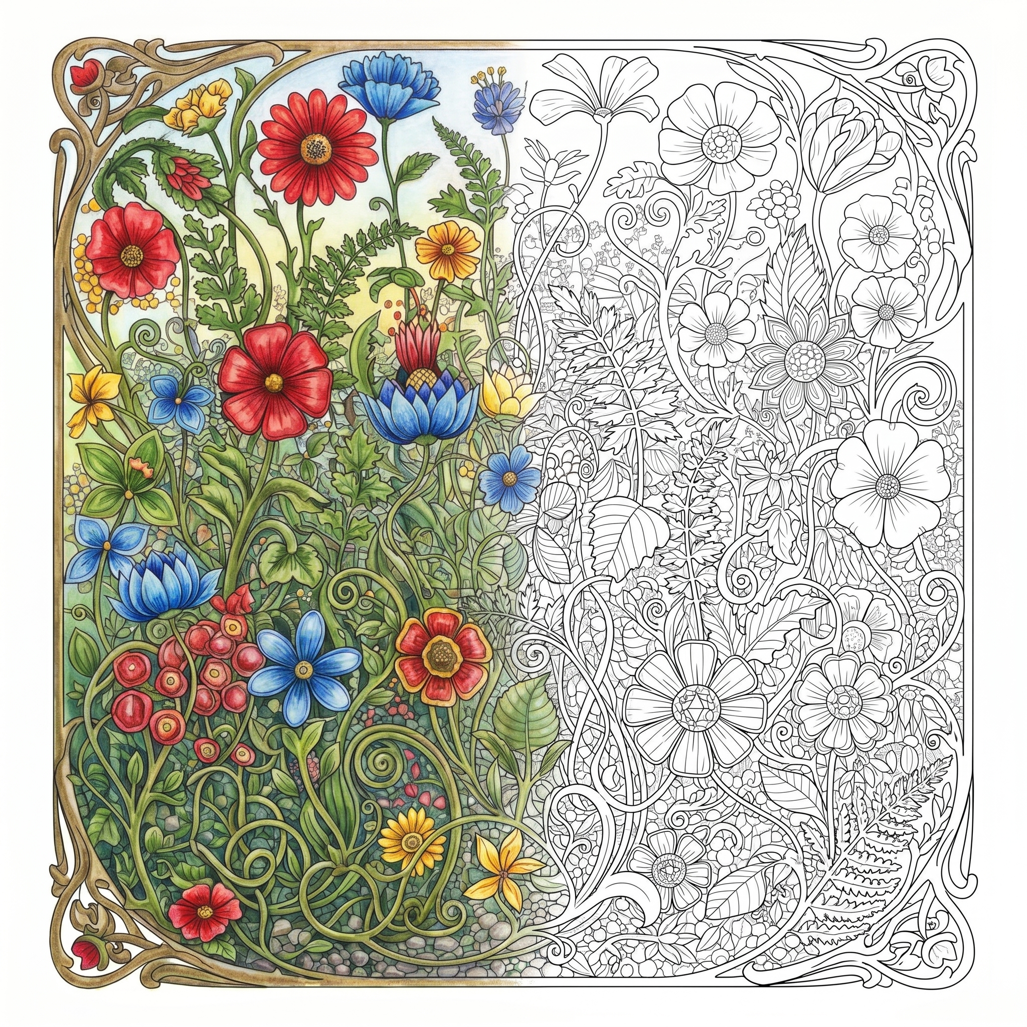 Black and white botanical wildflower meadow illustration featuring detailed flowers, leaves, and natural plant elements in clean line art style for coloring and printing.