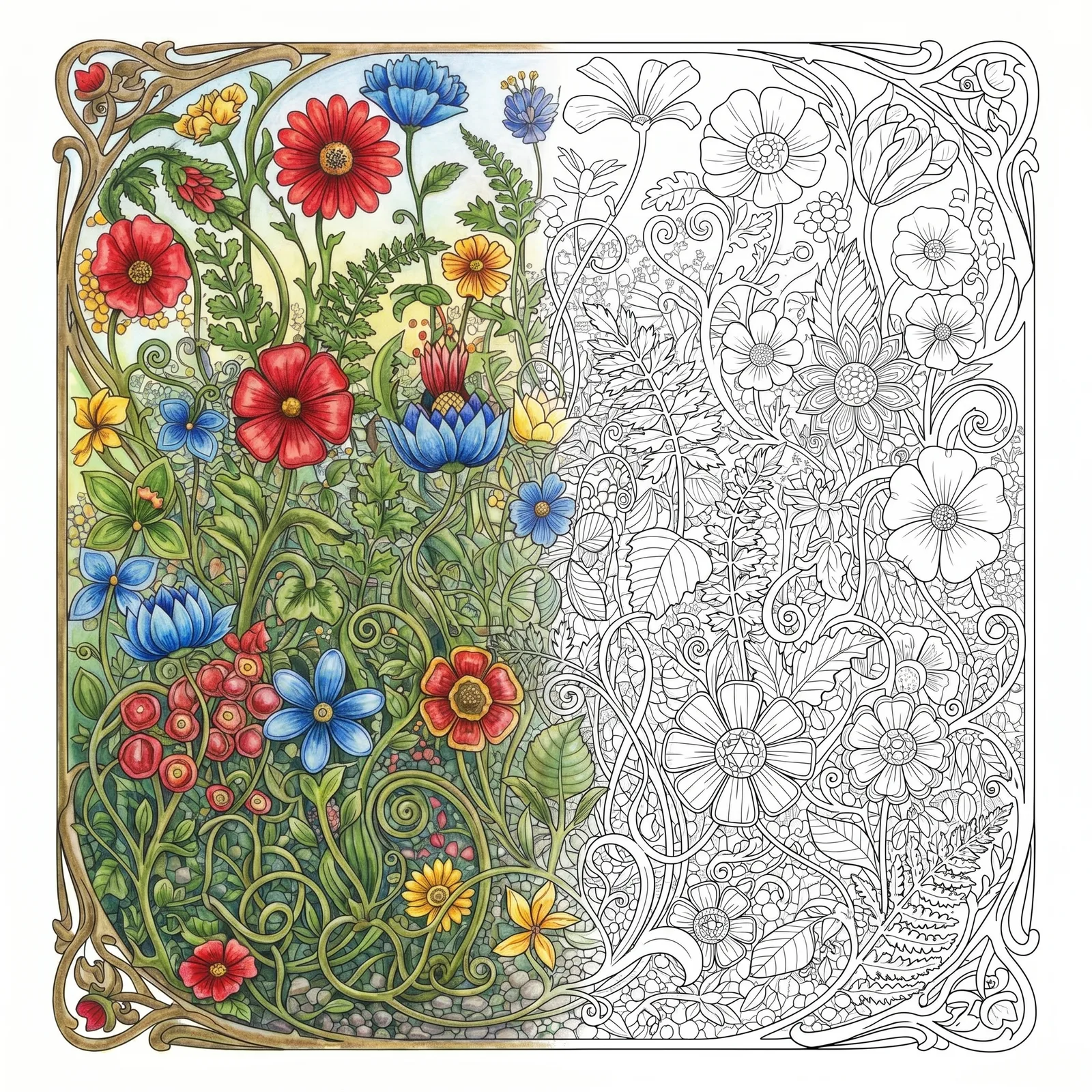 Black and white botanical wildflower meadow illustration featuring detailed flowers, leaves, and natural plant elements in clean line art style for coloring and printing.