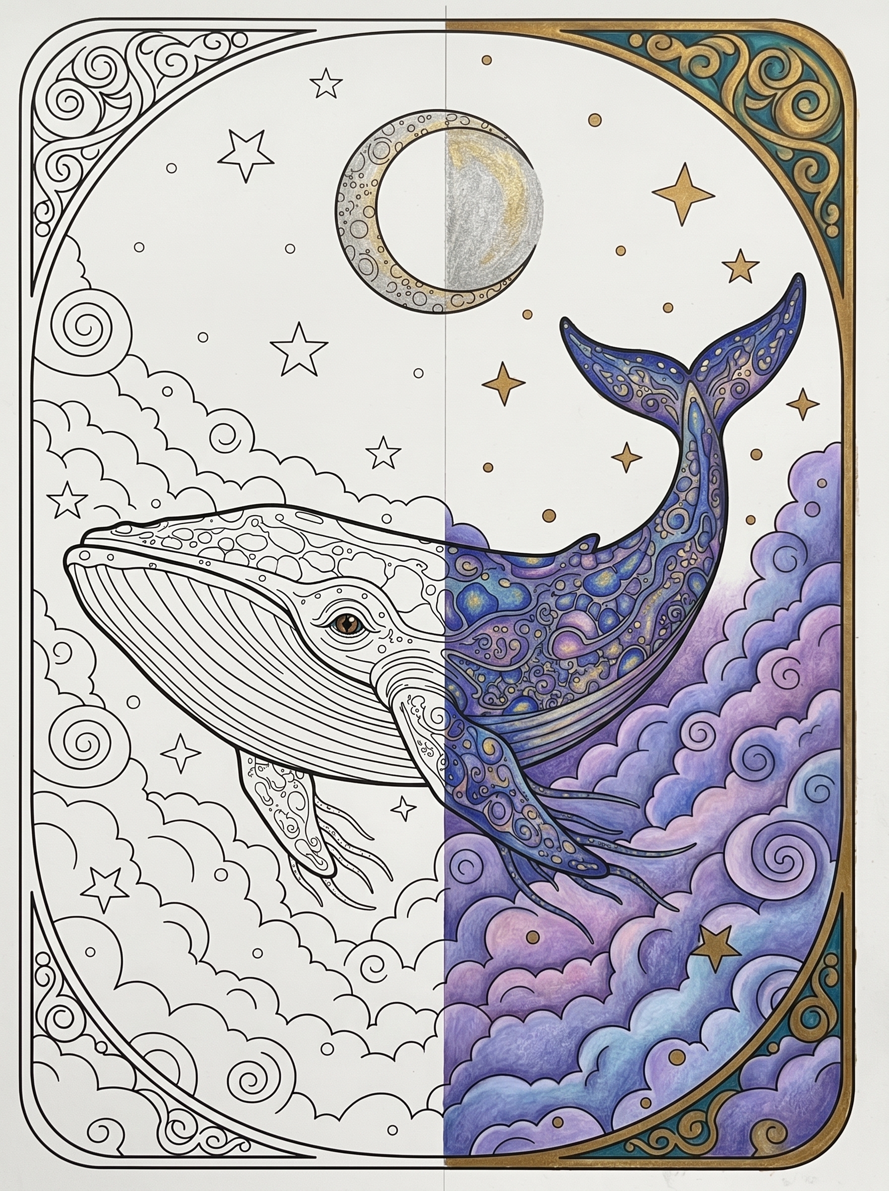 Moonlit Whale Sky Coloring Poster | Dreamy Night Fantasy Art