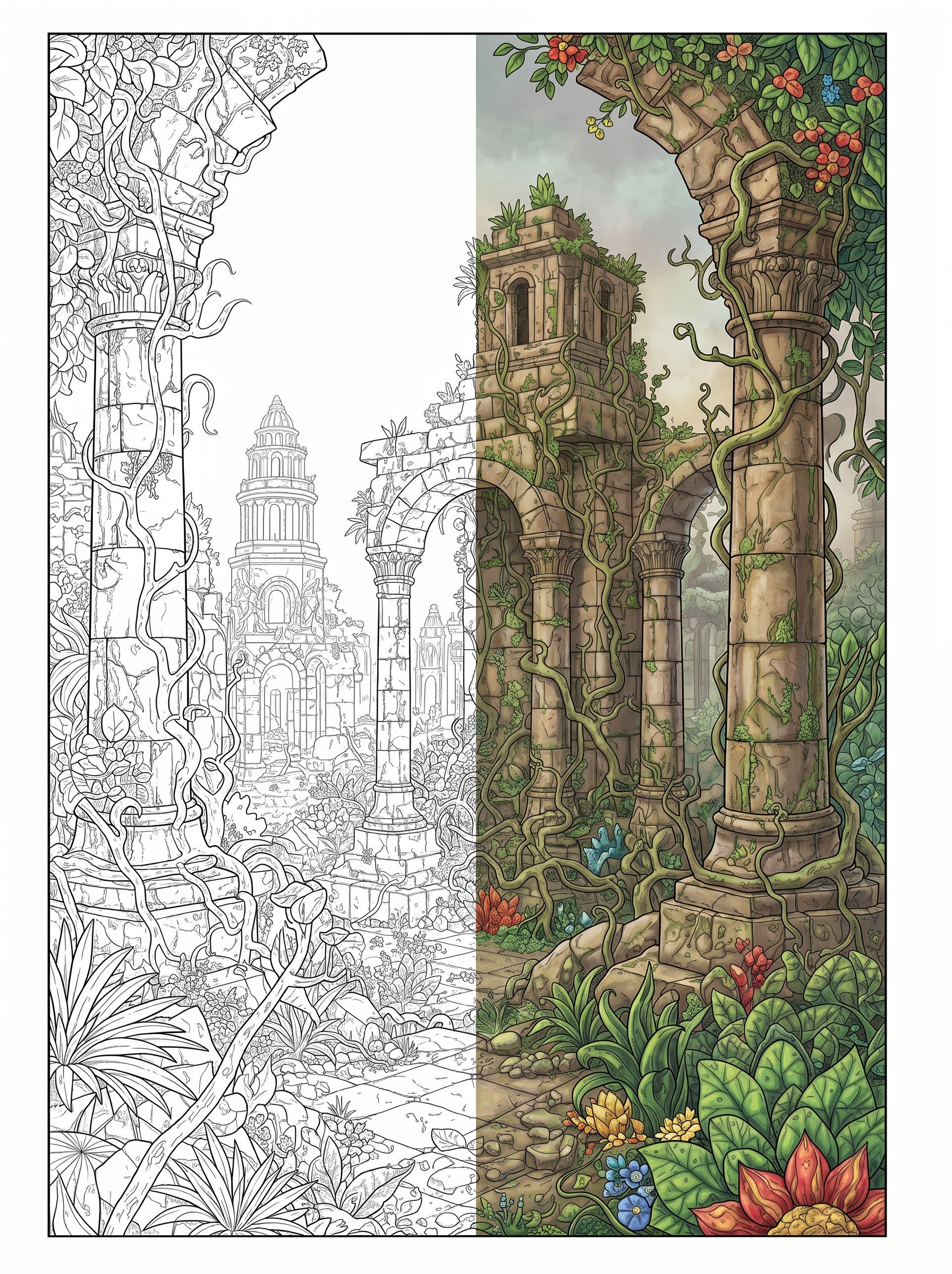 Ancient overgrown ruins line art poster featuring crumbling stone structures, vines, and dense vegetation in a mysterious lost civilization setting for adult coloring.