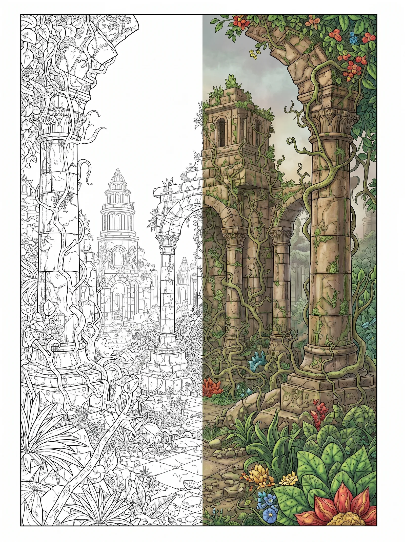Ancient overgrown ruins line art poster featuring crumbling stone structures, vines, and dense vegetation in a mysterious lost civilization setting for adult coloring.