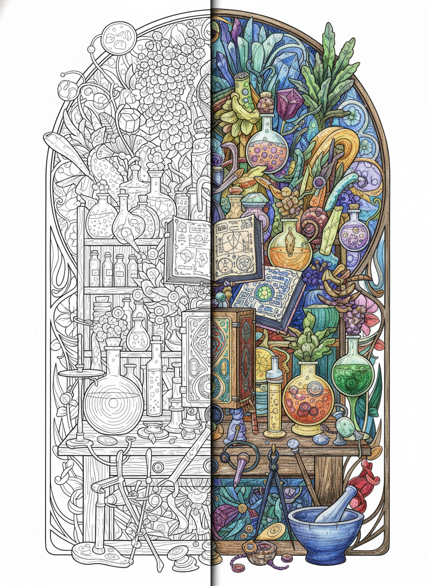 Fantasy potion laboratory with bubbling flasks, spell books, magical ingredients, and alchemy tools in detailed line art