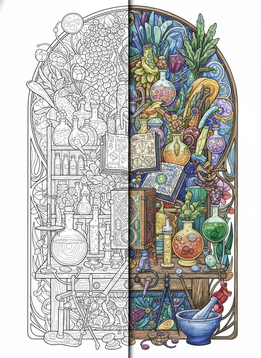 Fantasy potion laboratory with bubbling flasks, spell books, magical ingredients, and alchemy tools in detailed line art