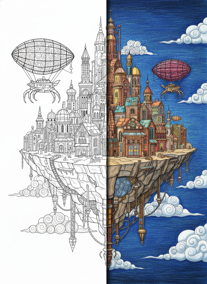 Steampunk floating city with airships, gears, towers, and mechanical skyline in a detailed vintage fantasy style
