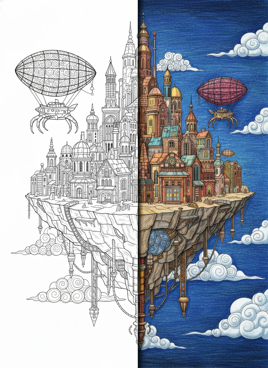 Steampunk floating city with airships, gears, towers, and mechanical skyline in a detailed vintage fantasy style